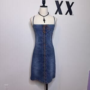 Vintage 90s Y2K Denim Midi Lace Up Dress • Bodycon Square Neck Indie Grunge Rare